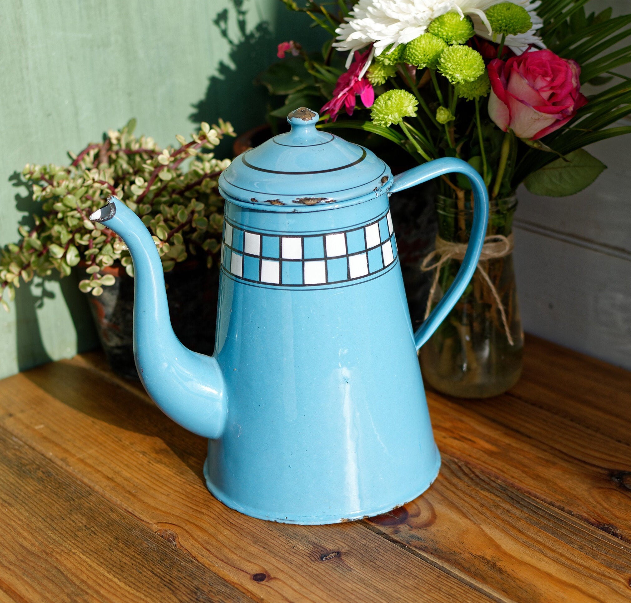 Français Enamelware Cafetière ~ Vintage Français Émail de Collection Bleu avec Pot à Carreaux Blancs