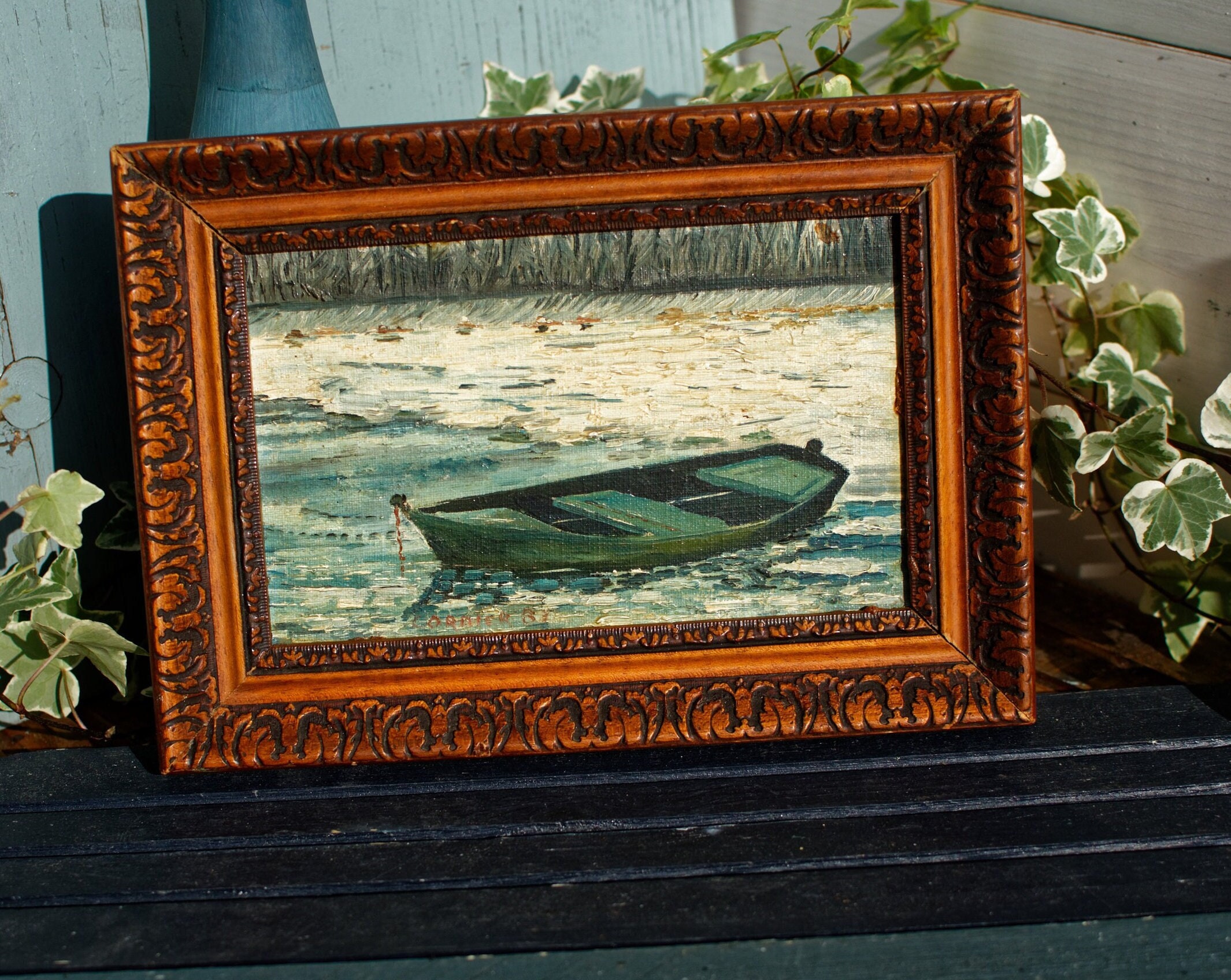 Français Vintage Peinture à L'huile Cadre en Bois - Signé Par L'artiste