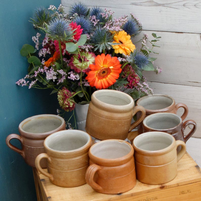 French Vintage Stoneware Clay Mug ~ Potterie en GRES Fait Maison Made in France ~ Glazed Sandstone Stoneware ~ Handmade Rustic Farmhouse Dec