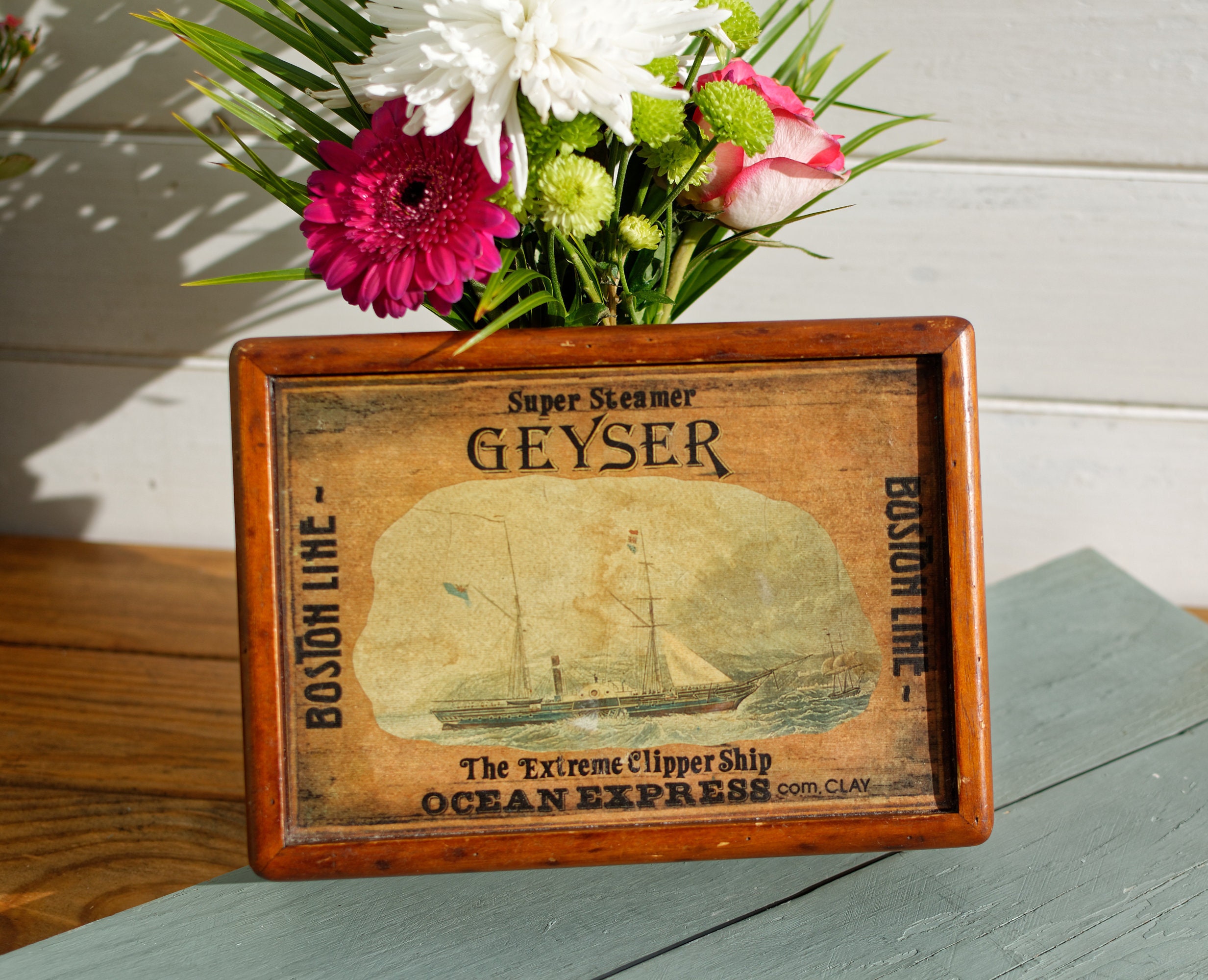 Vintage Wooden Boîte Décorative ~ Extreme Clipper Ship Geyser Boîte de Rangement Vintage Coffre Souv