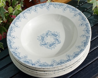 リュネヴィル陶器スープ皿4枚セット、ブルーエ模様、アイアンストーン