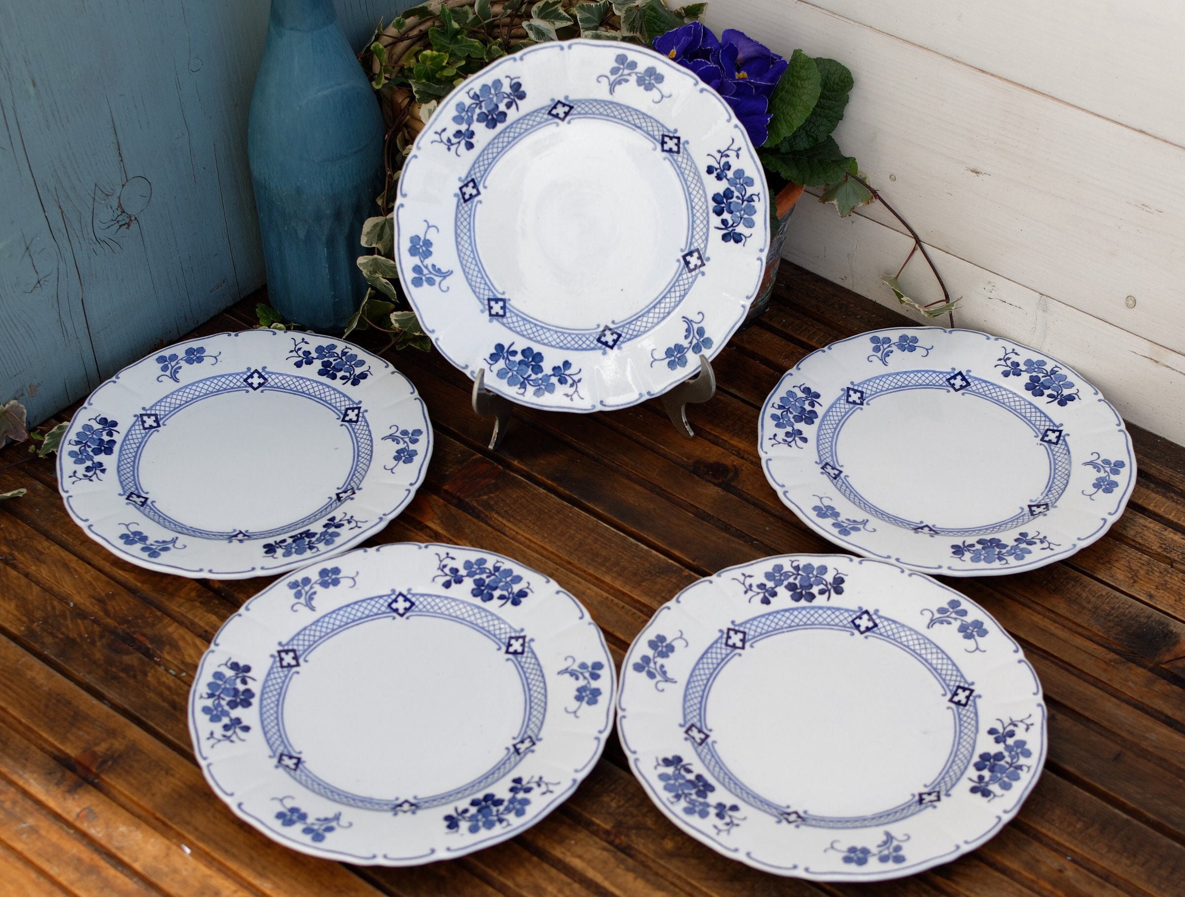 Fin Des Années 1800 Blue & White Ironstone ~ Français Antique Transferware Footed Cake Stand Kg | Ke