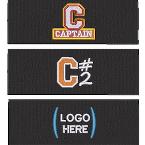 May include: Three embroidered patches on a black background. The top patch features a white and red "C" with "CAPTAIN" below. The middle patch has an orange "C" with "#2". The bottom patch has "LOGO HERE" in white.
