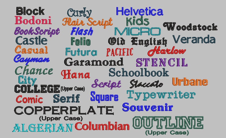 Puede incluir: Una colecci&oacute;n de estilos de fuente bordados en varios colores, incluyendo "Block", "Bodoni", "Helvetica" y "Outline". El texto se muestra sobre un fondo gris claro, mostrando una variedad de tipograf&iacute;as para proyectos de dise&ntilde;o.