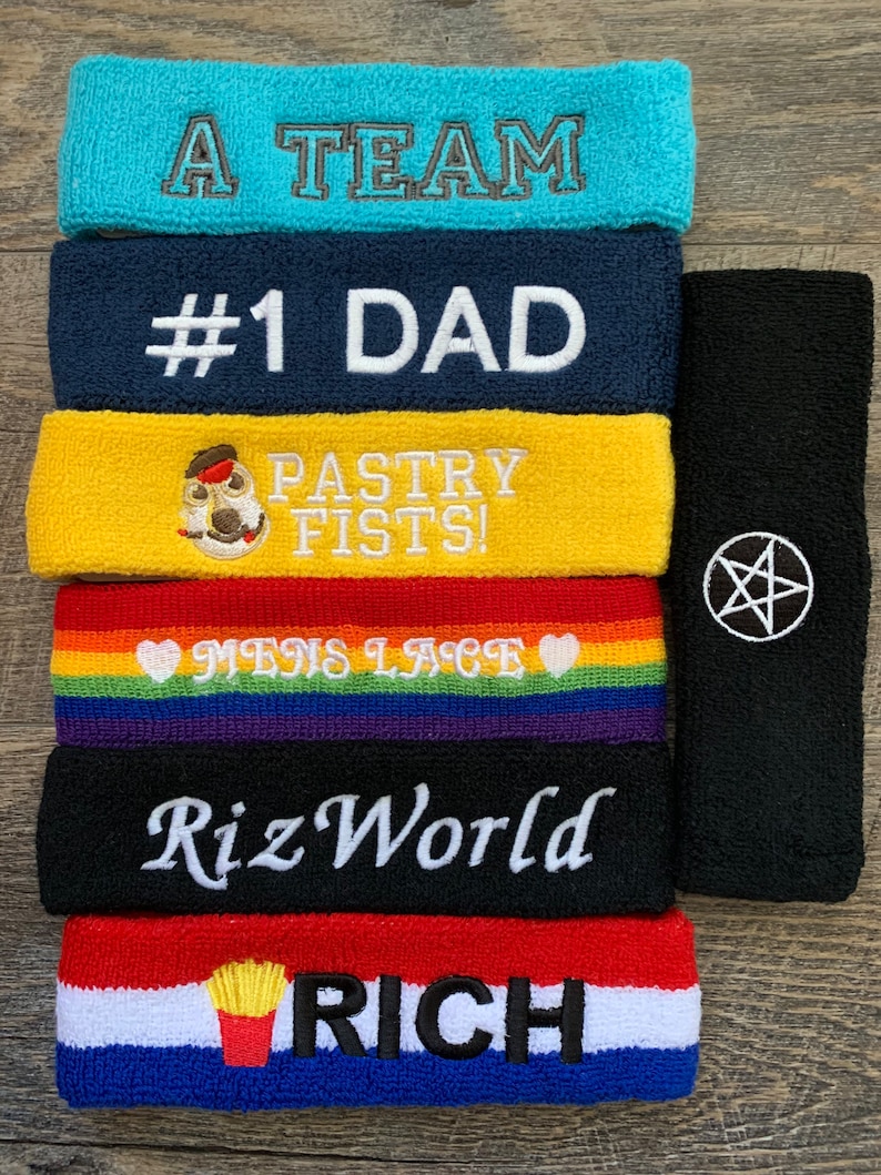 Sweatbands headbands custom embroidered stretch terry personalized image 1