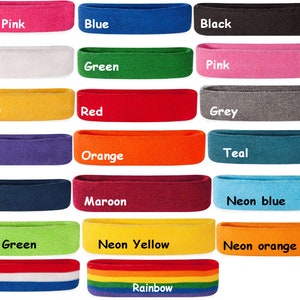 May include: A collection of colorful headbands in various shades, including neon pink, blue, black, white, green, pink, yellow, red, grey, purple, orange, teal, navy, maroon, neon blue, neon green, neon yellow, neon orange, RWB, and rainbow. Each headband has the color name printed on it.