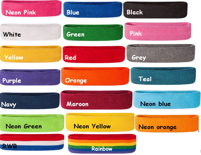 May include: A collection of colorful headbands in various shades, including neon pink, blue, black, white, green, pink, yellow, red, grey, purple, orange, teal, navy, maroon, neon blue, neon green, neon yellow, neon orange, RWB, and rainbow. Each headband has the color name printed on it.