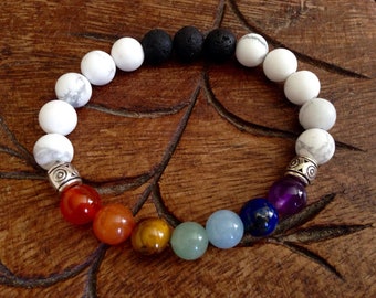 7 Chakra Healing Bracelet: Howlite, Lava Stone Diffuser, Energy Charged