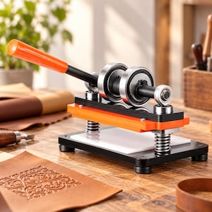 Könnte beinhalten: Eine manuelle Lederpräge- und Stanzpresse mit schwarzer Metallbasis, weißer rechteckiger Platte und orangefarbenem Griff. Der Mechanismus umfasst silberne Stahlrollen, vertikale Federn und einen schwarzen Rahmen zur Druckausübung.