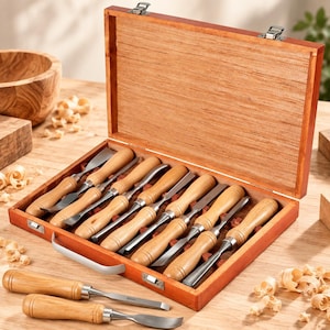 Può includere: Una scatola di legno contenente un set di scalpelli per legno in metallo con manici in legno chiaro. Due scalpelli aggiuntivi con manici in legno abbinati sono posizionati davanti alla scatola aperta, dotata di chiusure e cerniere in metallo.