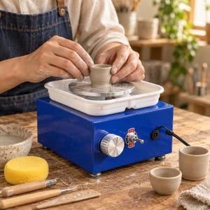 May include: A compact blue electric pottery wheel featuring a white plastic basin, a silver metal turntable, a circular speed control knob, and a toggle switch labeled ON. The device is positioned on a wooden surface with clay tools and small clay cups.