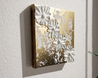 Handmade Textured Floral Painting | Minimalist Gold & White Canvas Art (8x8in)