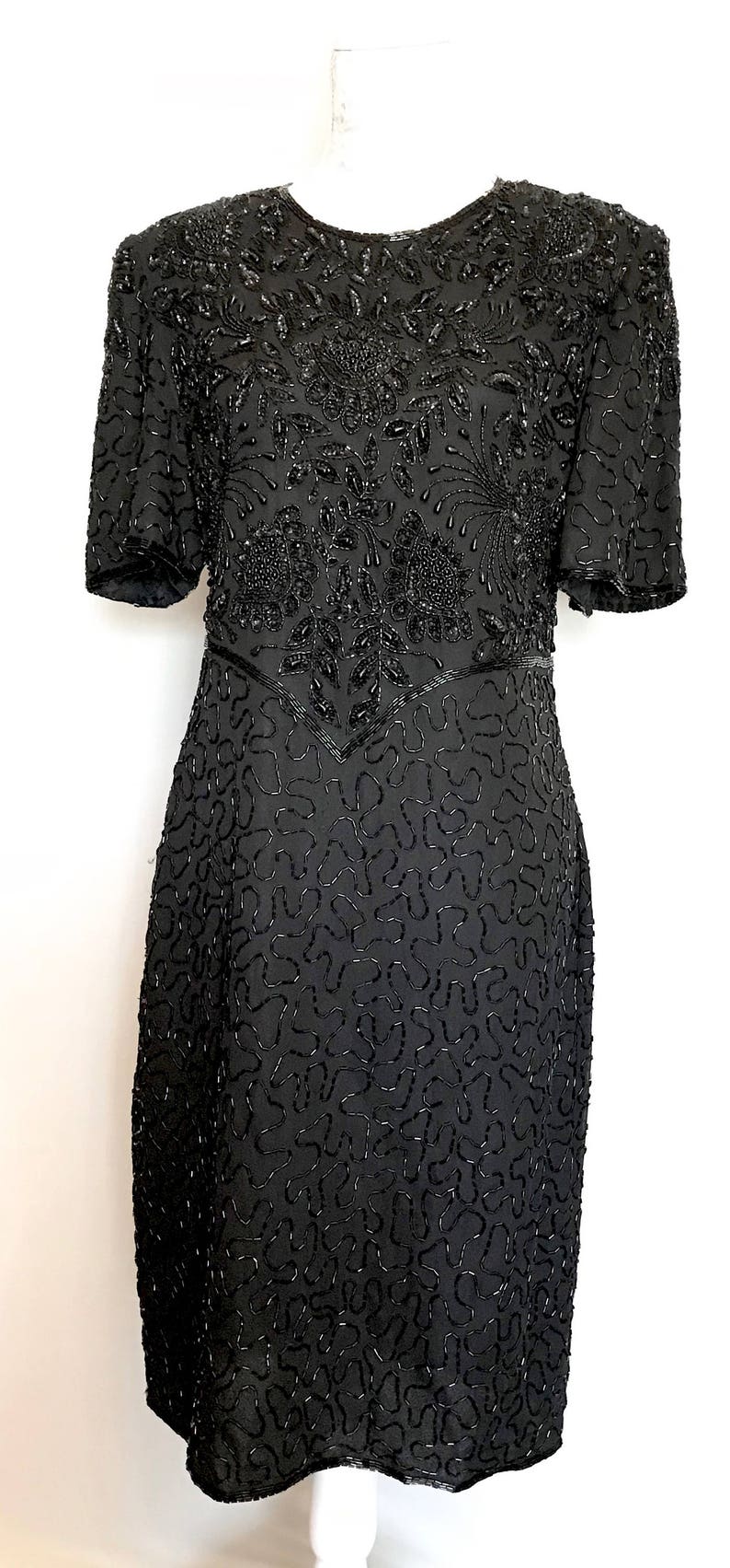 80's Lawrence Kazar Black Beaded Dress LV0097 | Etsy