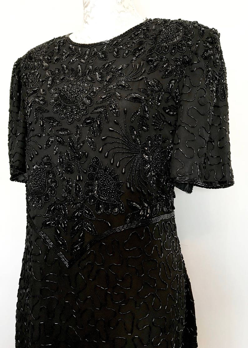 80's Lawrence Kazar Black Beaded Dress LV0097 | Etsy