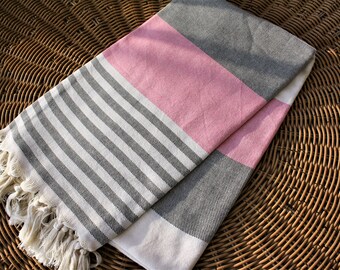 All Organic Cotton Turkish Peshtemal for Bath Spa Sauna Beach 100% Cotton Hammam towel Turkish Peshtemal TRICOLOR BLACK & PINK 39"x70"