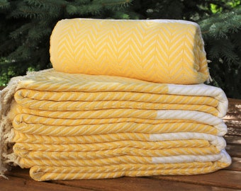 Set of 4 Peshtemal, Yellow White Towel, Turkish Bath Towel, Double Sided Towel, Handwoven Towel, Turkish Beach Towel, CHEVRON YELLOW 40x70"