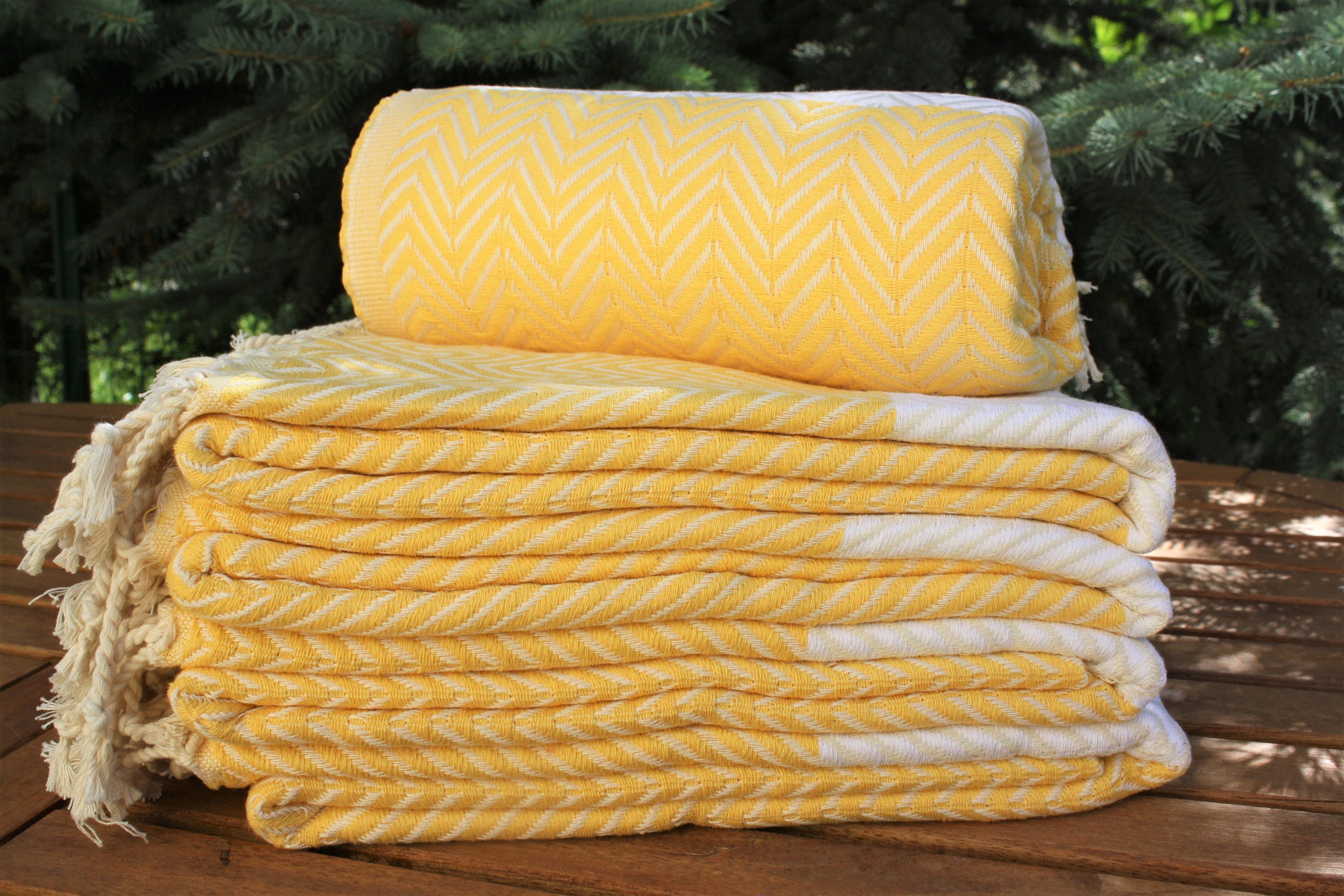 Set of 4 Peshtemal, Yellow White Towel, Turkish Bath Towel, Double Sided Towel, Handwoven Towel, Turkish Beach Towel, CHEVRON YELLOW 40x70"