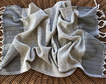 Black Towel, Turkish Hand Towel, PESHKIR Towel, Tea Towel, Natural Cotton Towel, Handwoven towel, Head Towel, Striped Diamond Black 17&quot;x35&quot;