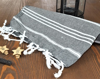 Hand Towel, Turkish Peshkir Towel, Dish Towel, Organic Cotton Towel, Striped tea towels, Kitchen Towels, STRIPED PESHKIR Black 23&quot;x35&quot;