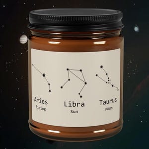Vela de carta natal personalizada con signos ascendentes del sol y la luna / Vela astrológica personalizada / Vela de soja del zodíaco / Regalo astrológico / Arte de carta natal