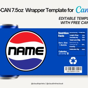 Puede incluir: Una plantilla de envoltura de mini-lata azul con un diseño circular rojo, blanco y azul y la palabra "NAME" en letras negras en negrita. La plantilla incluye información nutricional y el texto "EDITABLE TEMPLATE WITH FREE CANVA".