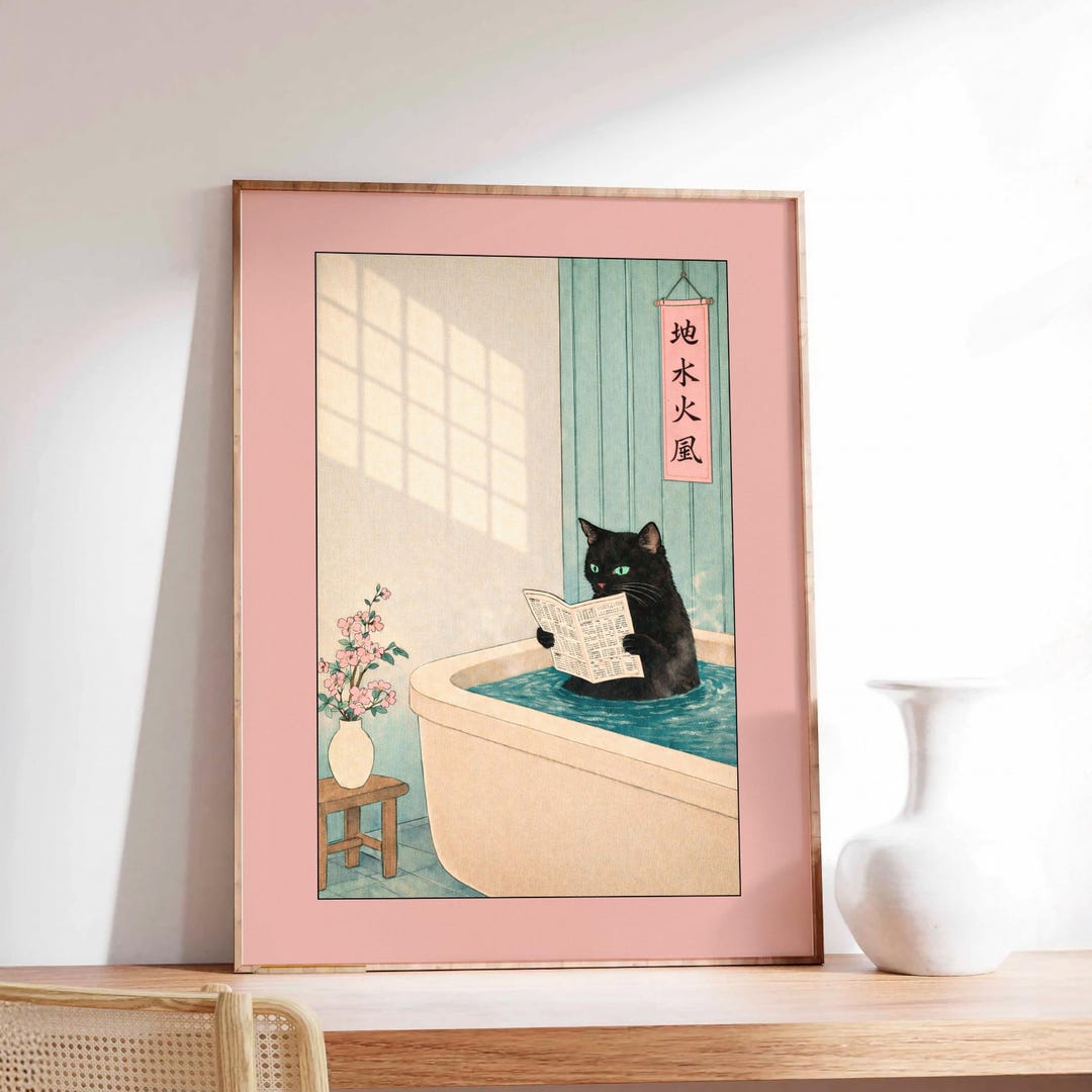 Japanese Black Cat Art Print, Kawaii Bathroom Wall Art, Vintage Anime ...
