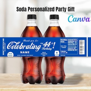 Custom Birthday Soda Bottle Labels Blue Template 20oz Canva | Drink Labels Printable Digital Download | Party Favors Custom Soda Stickers