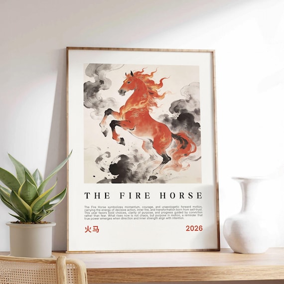 Year of the Fire Horse 2026 Poster | Chinese Zodiac Horse Wall Art | Lunar New Year Fire Horse Print | Asian Symbolic Art