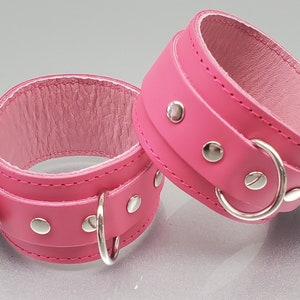 Leather Wrist Restraints / Cuffs Handmade - Locking Buckle - Black / Red / Pink / Purple