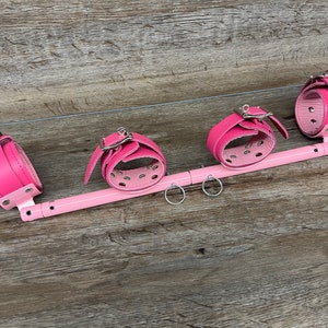 Limited Edition Pretty in Pink Adjustable Bondage Stocks Spreader Bar Restraint Locking Leather Cuffs Sissy Stockade Arm Leg Restraints