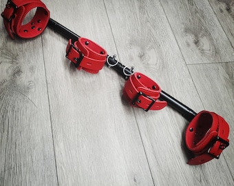 Adjustable Bondage Stocks Spreader Bar Restraint w/ Locking Leather Cuffs Stockade Spread Bar Restraints - Made in the USA