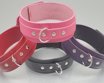 2" Wide Leather Locking D-Ring Collar Restraint Cuff - Made in the USA Black Red Pink Purple