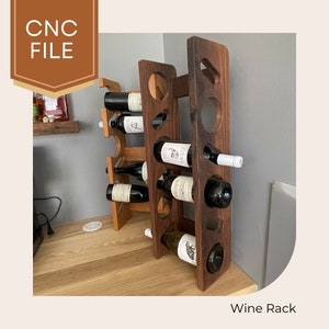 May include: A wooden wine rack with a dark brown finish. The rack is made of multiple pieces of wood that are joined together to create a series of slots for holding wine bottles. The rack is holding several bottles of wine, some of which are visible in the image.