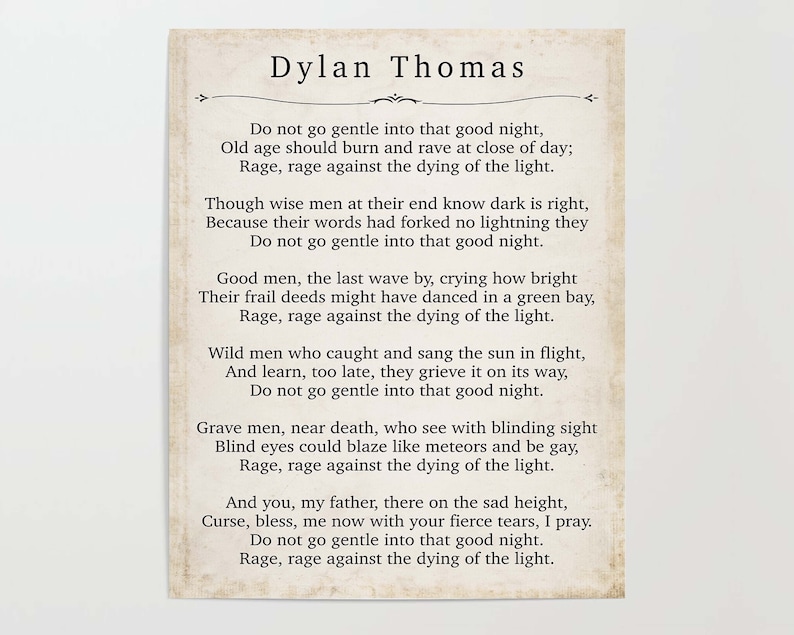 Dylan thomas do not go gentle into that good night poem etsy