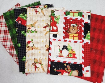 Tissu Fat Quarters avec des nains de Noël : cadeaux des Fêtes, 100 % coton (6 pièces)