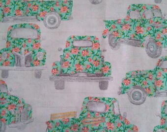Antique Truck with Spring Flowers Cotton Fabric: Quilting & Masks