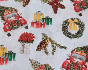 Christmas Fabric, Red Truck with Christmas tree  and Gifts Snowmans, 100% Cotton, Mask
