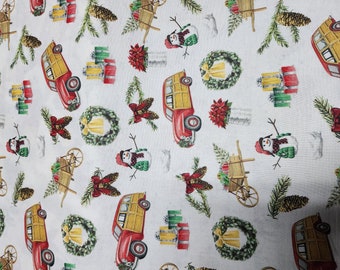 Tissu de Noël : charrette de campagne, bonhomme de neige et imprimés d'arbre - Courtepointe en coton