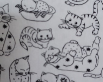 Funny Kitten Fabric: Black and White Cartoon Cats, 100% Cotton
