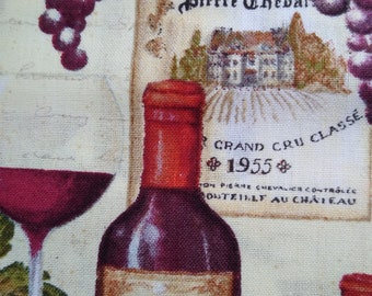 Wine Theme Cotton Fabric: Red Wine Bottles & Grapes