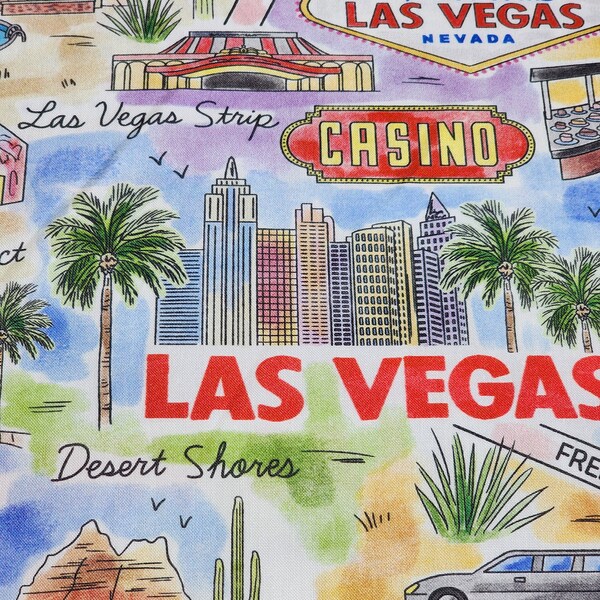 LAS VEGAS FABRIC , Multi colorful and characters names, related symbols, 100% Cotton