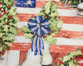Tissu de Noël : patins à glace vintage, couronnes de houx, coton rouge blanc bleu