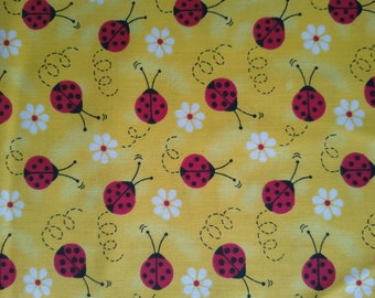 Lady Bug  and  Daisey , Yellow back ground , 100% Quilting Quality Cotton, Masks