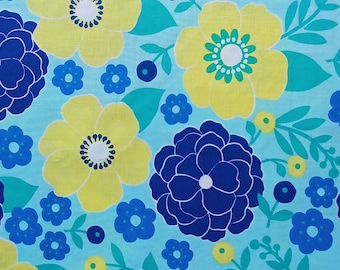 Floral Quilt Print Fabric: Blue, Yellow & Green Cotton