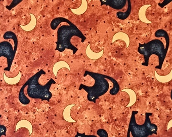 Halloween Fabric with Big Black Cats and Orange Moons, 100% Cotton, Mask