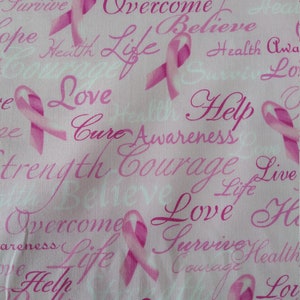 Breast Cancer Fabric,  Ribbons , Pink , White, Love , Faith ,Hope , Courage , 100% Cotton , Mask