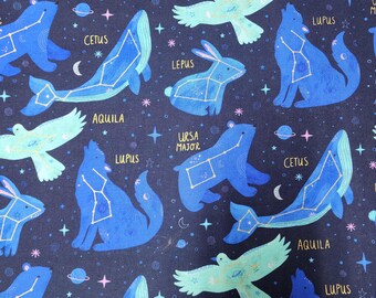 Tissu en coton Astrology Story : constellations bleues et dorées