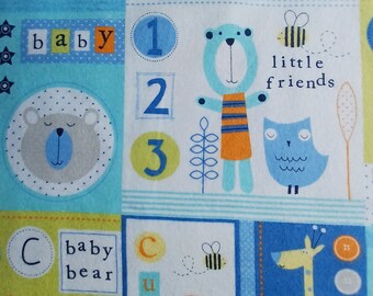 Tissu en flanelle bébé ours : animaux colorés, bleu, jaune