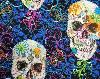 Halloween Fabric: Colorful Skeleton Heads, 100% Cotton