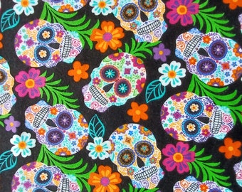 Sugar Skull on Black Back Ground, 100% Flannel Cotton  ,Mask